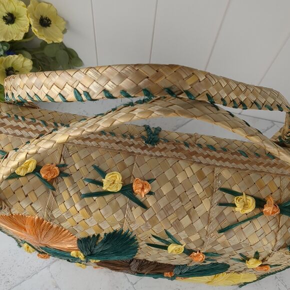 Vintage Large Woven Straw Raffia Bag Tote 1960s MCM Beach Floral - Picture 15 of 16